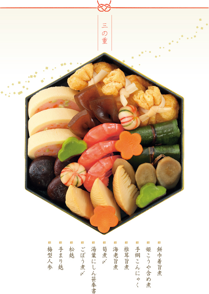 三の重(餅巾着旨煮・寿高野含め煮・海老旨煮・手綱こんにゃく・湯葉にしん笹奉書・ごぼう煮〆・筍煮〆・椎茸旨煮・手まり麩・梅型人参)