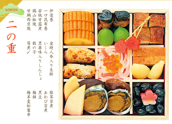 二の重(伊達巻・一口昆布巻・若桃甘露煮・鶏山椒焼・甘鯛西京焼・金時人参入り生酢・いくら・黒薬味入りしんじょ・数の子・筍煮〆・椎茸旨煮・あわび旨煮・黒豆・梅餅・梅羊羹松葉串)