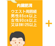 内臓肥満：ウエスト周囲径　男性：85cm以上、女性：90cm以上、又はBMI125以上