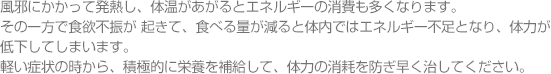 風邪にかかって発熱し、体温があがるとエネルギーの消費も多くなります。その一歩で食欲不振が起きて、食べる量が減ると体内ではエネルギー不足となり、体力が低下してしまいます。軽い症状の時から、積極的に栄養を補給して、体力の消耗を防ぎ早く治してください。