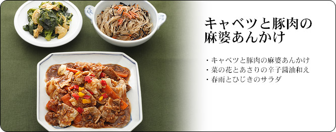 キャベツと豚肉の麻婆あんかけ | セット内容：キャベツと豚肉の麻婆あんかけ・菜の花とあさりの辛子醤油和え・春雨とひじきのサラダ | カロリー：230kcal | 食塩相当量：2.2g