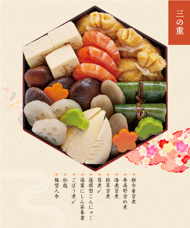 三の重(餅巾着旨煮・姫こうや含め煮・椎茸旨煮・海老旨煮・蓮根型こんにゃく・筍煮〆・湯葉にしん笹奉書・ごぼう煮〆・松麩・手まり麩・梅型人参)
