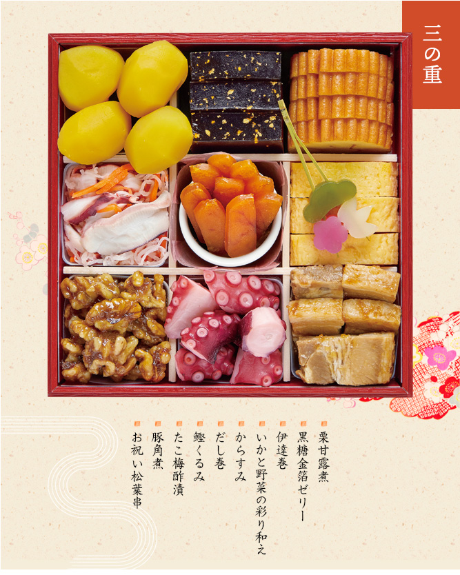三の重(栗甘露煮・黒糖金箔ゼリー(長島製菓)・伊達巻・いかと野菜の彩り和え・からすみ・だし巻・鰹くるみ・たこ梅酢漬・豚角煮・お祝い松葉串)