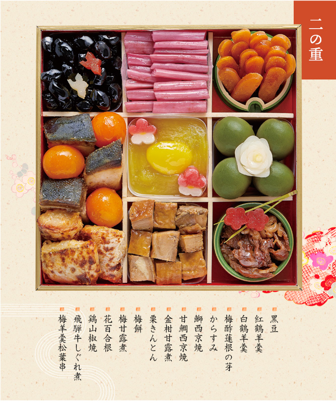 二の重(黒豆・紅鶴羊羹・白鶴羊羹・梅酢蓮根の芽・からすみ・鰤西京焼・甘鯛西京焼・金柑甘露煮・栗きんとん・梅餅・梅甘露煮・花百合根・鶏山椒焼・飛騨牛しぐれ煮・梅羊羹松葉串)