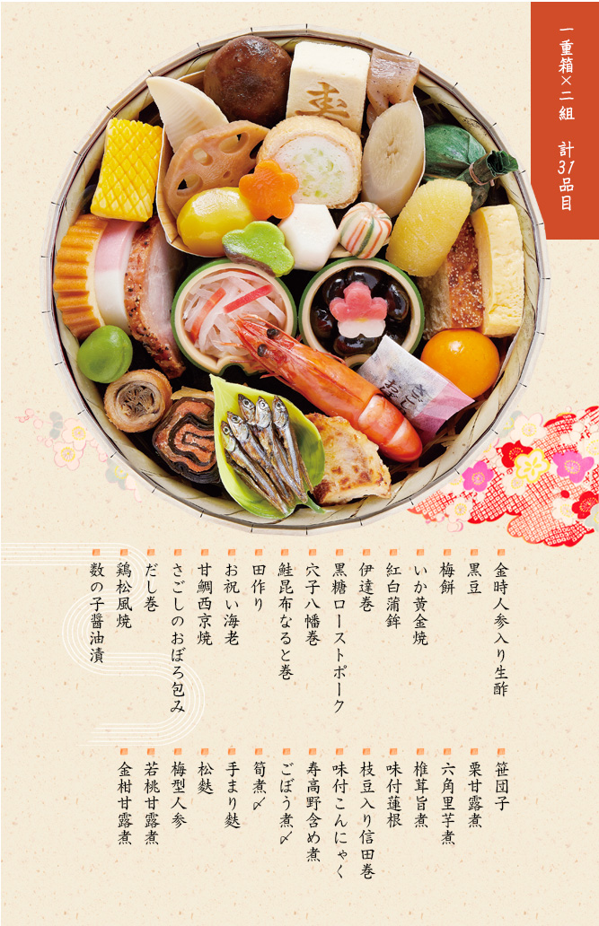 花籠二段(金時人参入り生酢・黒豆・梅餅・いか黄金焼・紅白蒲鉾・伊達巻・黒糖ローストポーク・穴子八幡巻・鮭昆布なると巻・田作り・お祝い海老・甘鯛西京焼・さごしのおぼろ包み・だし巻・鶏松風焼・数の子醤油漬・笹団子・栗甘露煮・六角里芋煮・椎茸旨煮・味付蓮根・枝豆入り信田巻・味付こんにゃく・寿高野含め煮・ごぼう煮〆・筍煮〆・手まり麩・松麩・梅型人参・若桃甘露煮・金柑甘露煮)