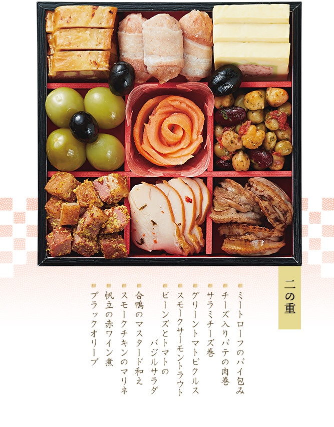 二の重(ミートローフのパイ包み・サラミチーズ巻・リンゴと豆腐のパイ包み・ビーンズとトマトのバジルサラダ・スモークサーモントラウト・グリーントマトピクルス・パーナ貝オイル漬・アンチョビオリーブ・スモークチキンのマリネ・パストラミポーク・ブラックオリーブ)