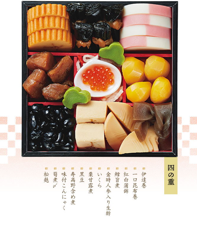 四の重(寿高野含め煮・すり身揚巻・湯葉茶巾・手綱こんにゃく・筍煮〆・帆立旨煮・椎茸旨煮・鱈旨煮・赤魚西京焼・手まり麩・梅型人参・若桃甘露煮)