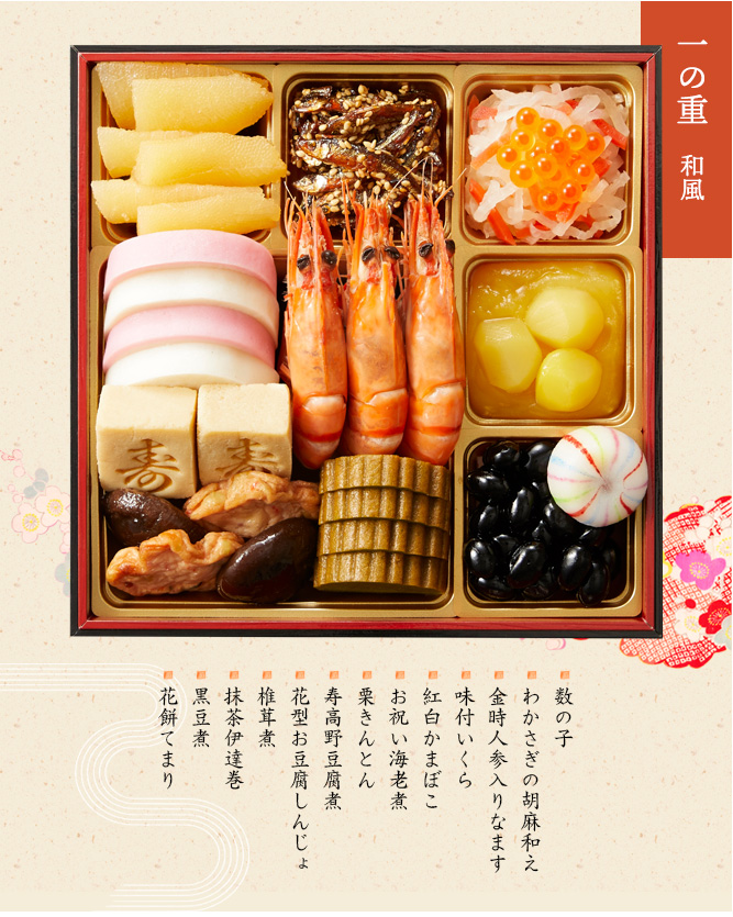 一の重（かずのこ・わかさぎの胡麻和え・金時人参入りなます・味付いくら・紅白かまぼこ・お祝い海老煮・練きんとん・ミニ栗きんとん和え・寿高野豆腐煮・花型お豆腐しんじょ・椎茸煮・抹茶伊達巻・黒豆煮）